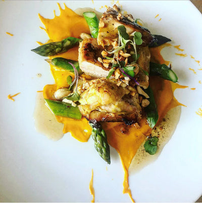 Pan Roasted Chicken Breast with Sweet Potato Puree and Brown Butter Cashew Drizzle